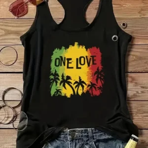 One Love Coconut Tree Print Crew Neck Tank Top