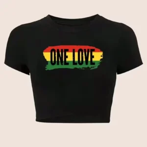 Trendy Short-Sleeve Round-Neck Women'S Top with ONE LOVE Reggae Style Print