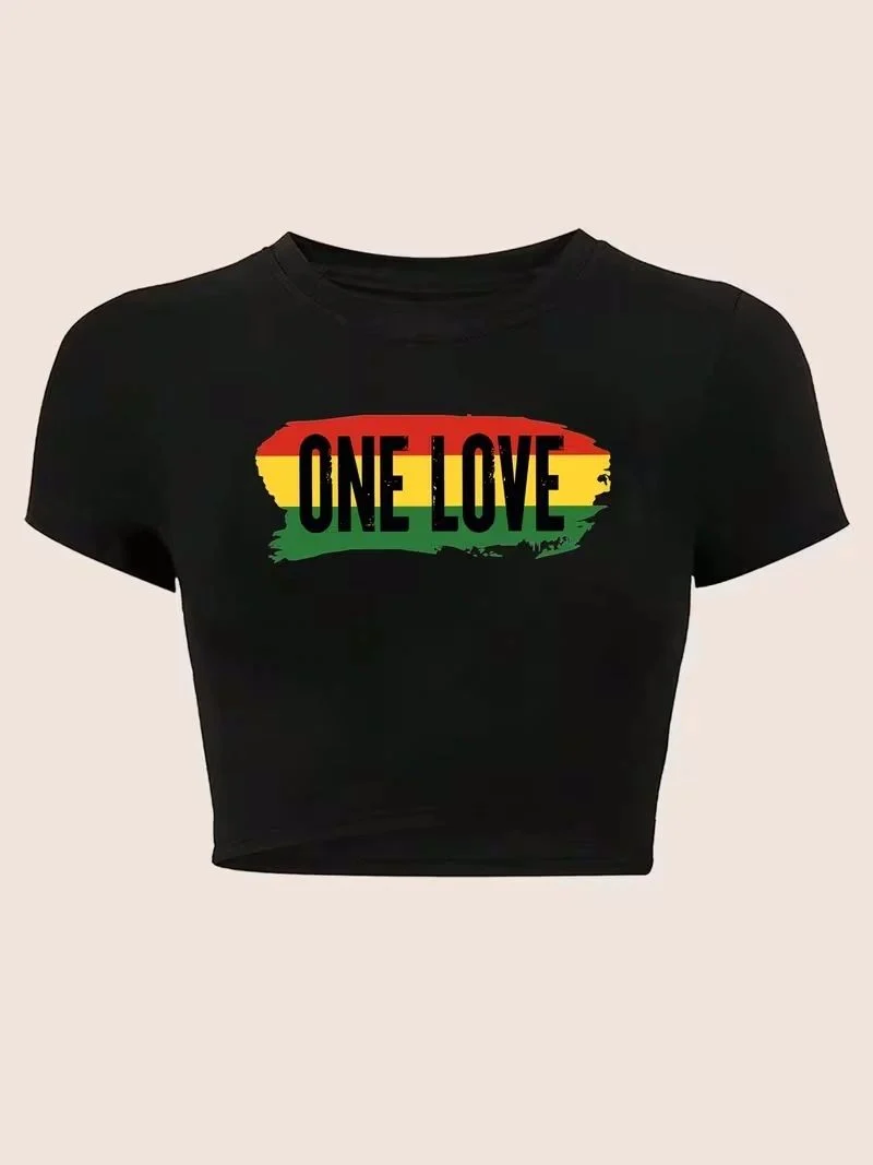 Trendy Short-Sleeve Round-Neck Women'S Top with ONE LOVE Reggae Style Print