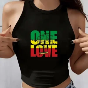 Women's Black Rasta Fist Print Crop Top - "One Love"